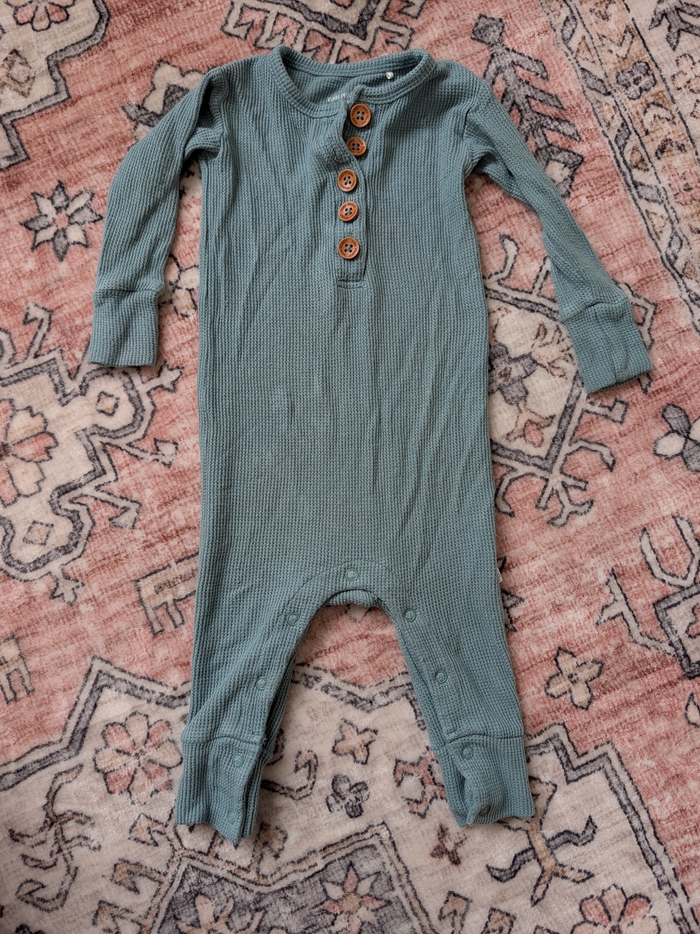 Posh Peanut Henley Long-Sleeve Romper Arctic Waffle Blue/ Green One-Piece 9-12m
